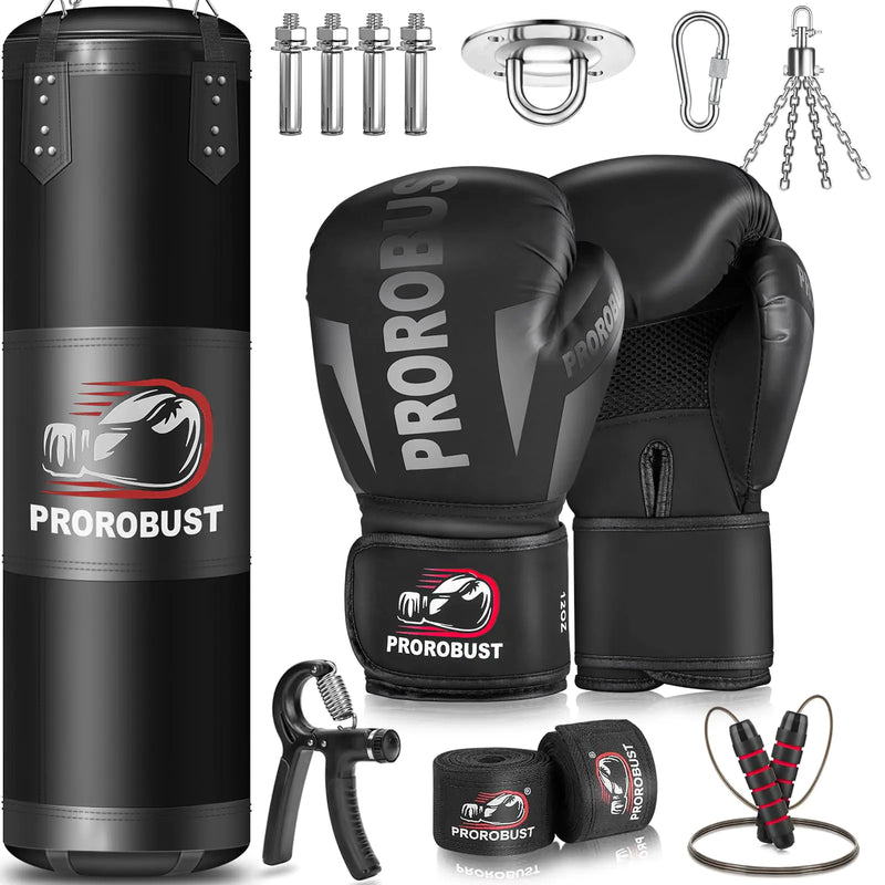 Prorobust Punching Bag for Adults 4ft Oxford Heavy Boxing Bag Set 12 oz Boxing Gloves Hand Wraps Jump Rope & Strength Trainer. Versatile Boxing Training Equipment for Kick Boxing Karate - Unfilled