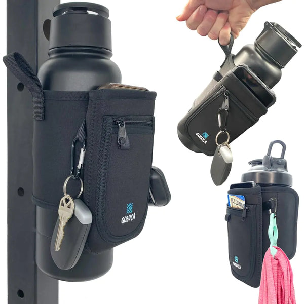 Gobuca Magnetic Water Bottle Holder for Gym - Multi Purpose Magnetic Bag for Gym Office & Travel - Gym Bag Magnetic Holder - Magnetic Gym Pouch - Holds phone cards keys & ear buds- Fits many sizes