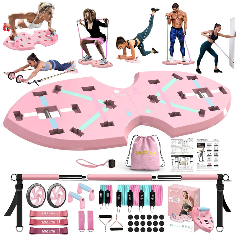LALAHIGH Home Workout Equipment for Women Multifunction Push Up Board Portable Home Gym System with Resistance BandsAb Roller Wheel and 20 Gym Accessories Professional Strength Training Exercise
